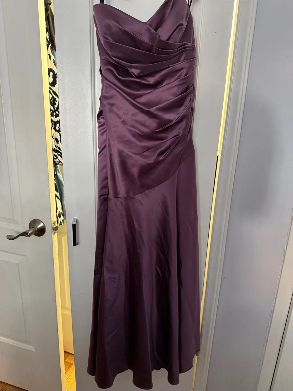 dessy prom dresses Strapless Satin Drop Waist Gown with Full Skirt in Midnight Navy (Blue)